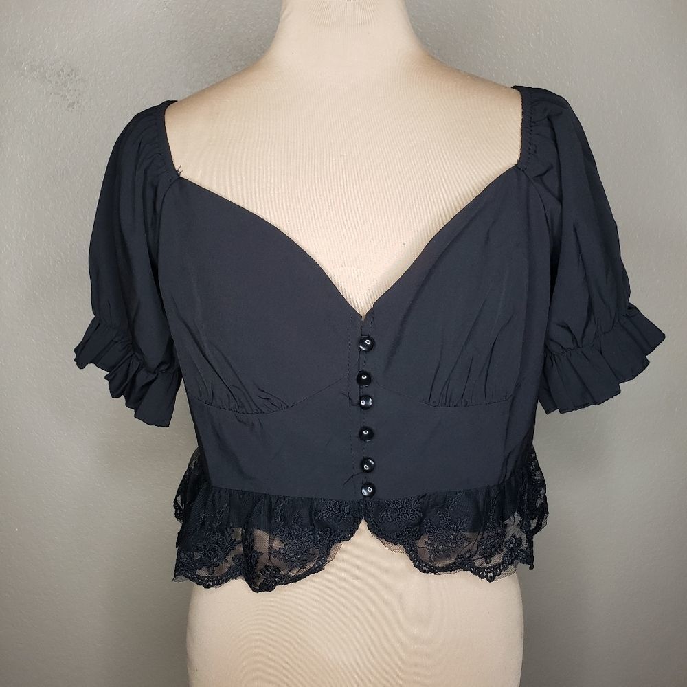 SHEIN Curve Lace Trim Button Down Puff Sleeve Crop Top Black 0XL